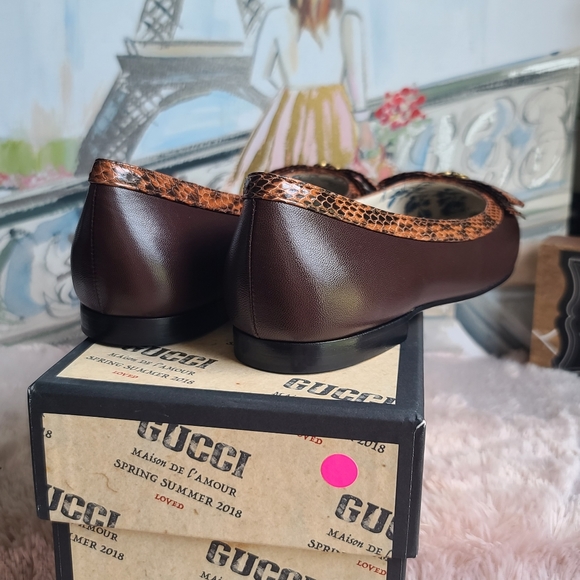 GUCCI Malaga Kid Elaphe Radiata Yva Leather GG Ballet with Snakeskin Bow - Picture 14 of 16